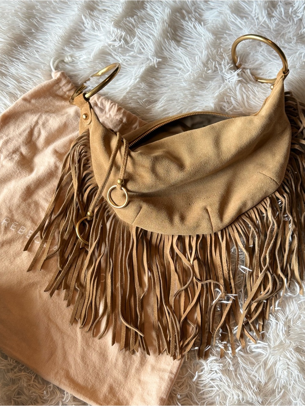 Rebecca Minkoff Tan Suede Fringe Shoulder Bag with Gold Rings